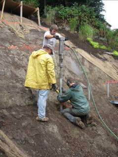 Pipe pilings give support to landscaping terrace.