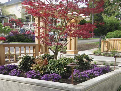 Colorful front-entry landscaping designed by Environmental Construction Inc. in Kirkland WA